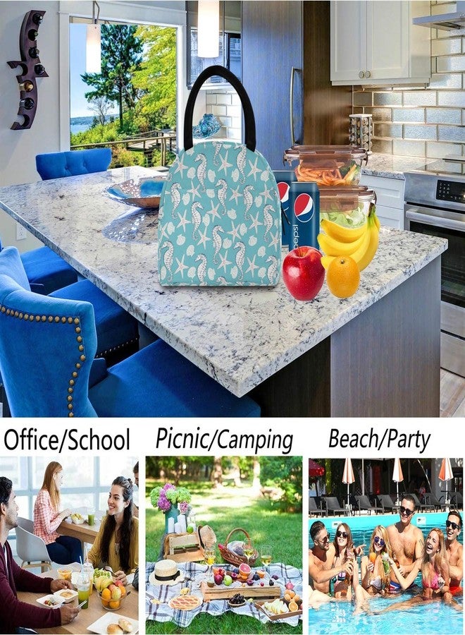 ZzWwR Ocean Starfish Seahorse Pattern Reusable Lunch Tote Bag with Front Pocket Zipper Closure Insulated Thermal Cooler Container Bag for Work Picnic Travel Beach Fishing - Image 4